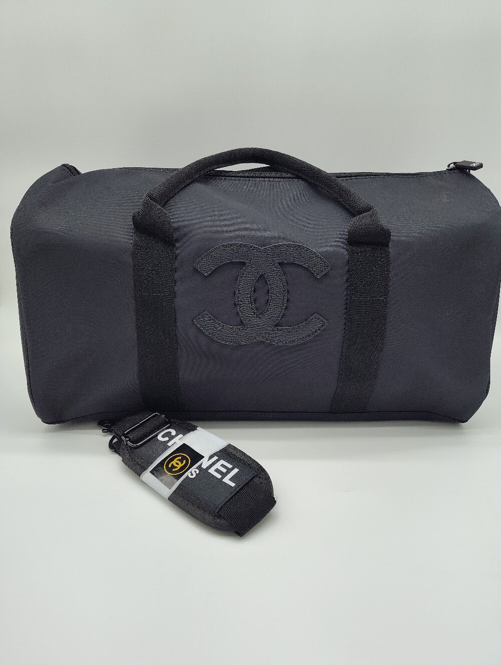 CHANEL Beauté Black Large Duffle Travel Bag Weekender Logo Shoulder Strap NIP